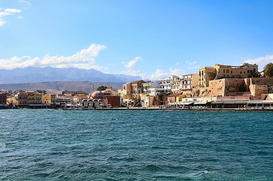 immeubles, Port, mer, côte, eau, grec, ville, la Canée, Crète, Grèce, centre historique
