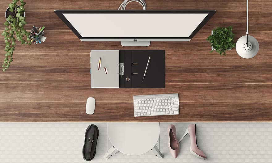 büro, modern, kadınsı, ekran, ayakkabı, kahverengi çalışma masası