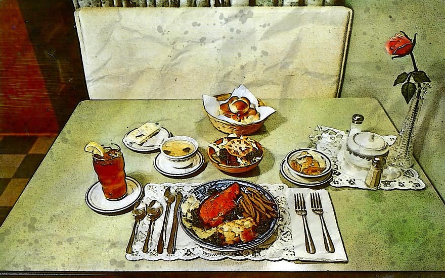 Billig middag for 75 cent, era, cirka, 1950, post, kort, postkort, samling, digitalt, kunstverk, bilde