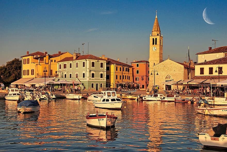Croaţia, mare, Istriei, concediu de odihna, apus de soare, atmosferă de seară, oraș, dig, marina, navă nautică, apă