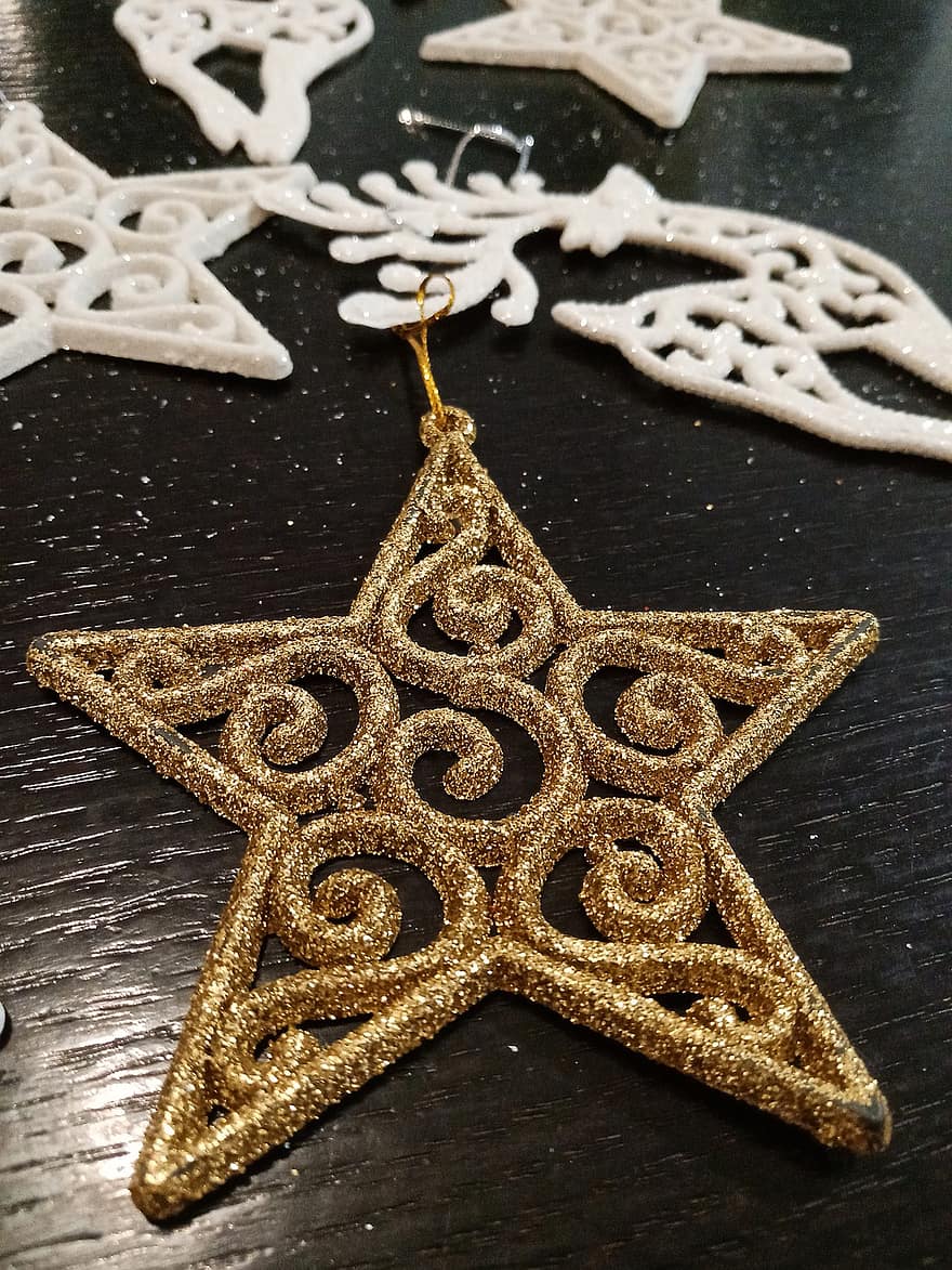 Noël, décoration, étoile, d'or, briller, or, ornement