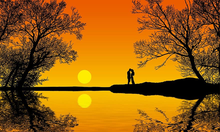 par, älskande, kärlek, sjö, romantisk, silhuett, solnedgång, tillsammans, kyss