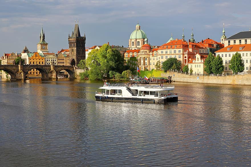 Prague, City, View, Boat, Ship, River, Towers, Roofs, Architecture, famous place, water