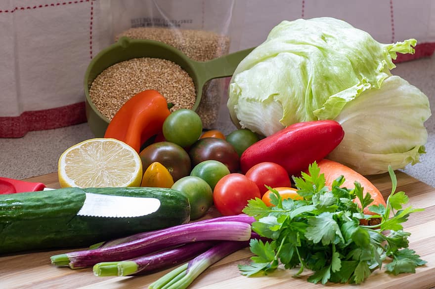 野菜、材料、オーガニック、サラダ、健康、栄養、フード、人参、トマト、チェリートマト、きゅうり
