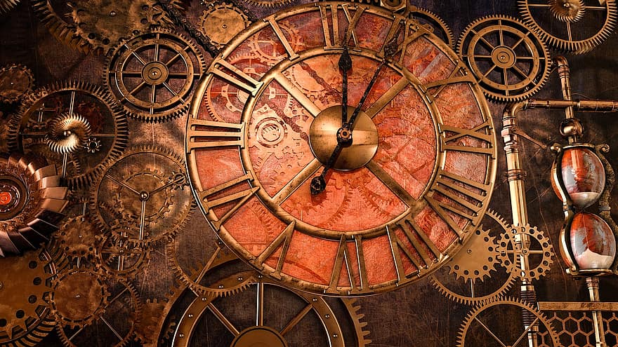 steampunk, logam, antik, jam, mesin, tua, karat, nostalgia, jam tangan, gerakan, waktu