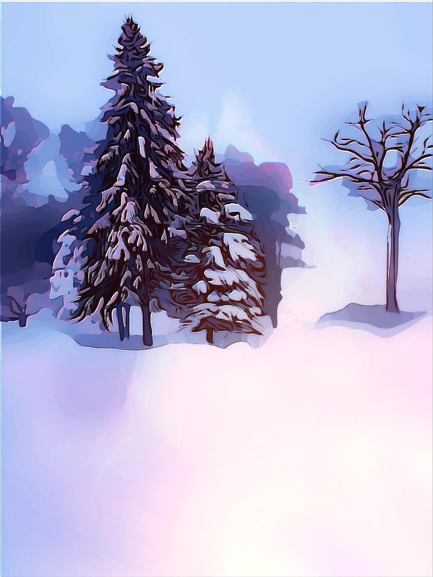 деревья, снег, вечнозеленых, сцена, свет, холодно, книжная обложка, зима, природа, пейзаж, время года