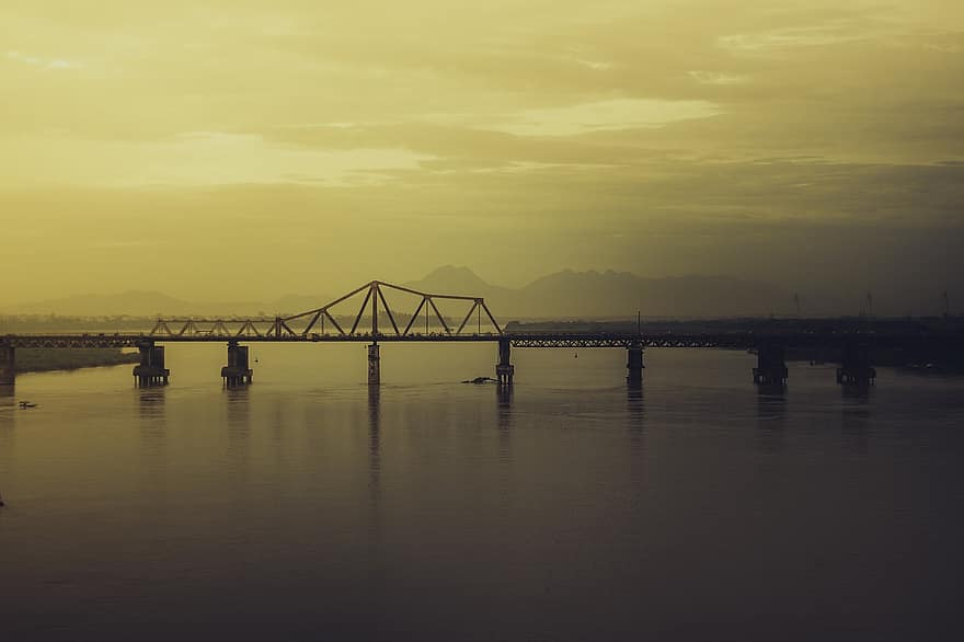 ponte, struttura, fiume, montagne, attraversamento, Vietnam, cielo