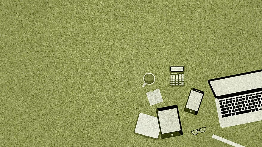Devices, Background, Copy Space, Laptop, Mobile Phone, Tablet, Calculator, Notebook, Glasses, Cup, Remote Working
