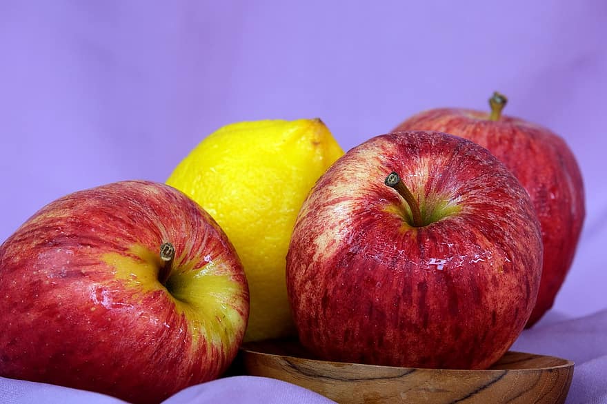 fruit, voedsel, stilleven, appels, rode appels, citroen, biologisch, produceren, gezond, nat, versheid