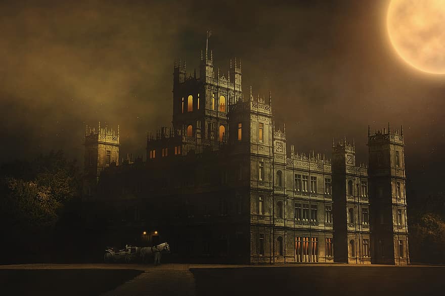 Abadía de Downton, noche, niebla, Luna, estrella, fantasía, highclere, castillo, Inglaterra, edificio, torres
