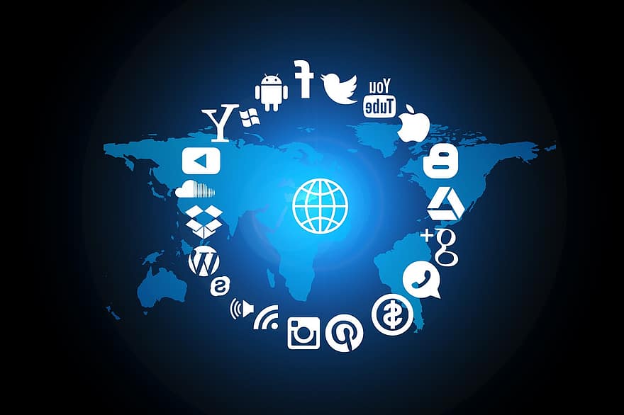ícones, continentes, globo, logotipo, estrutura, distrito, anel, redes, Internet, rede, social
