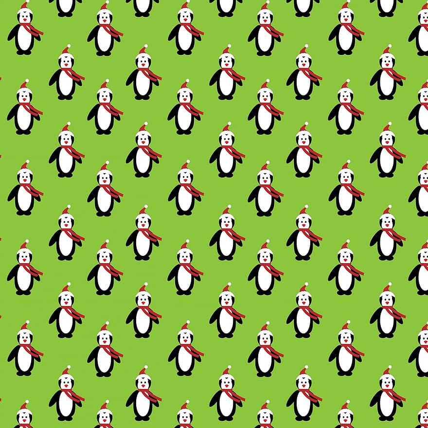 jul, pingvin, pingviner, söt, grön, bakgrund, tapet, papper, sömlös, omslagspapper, konst