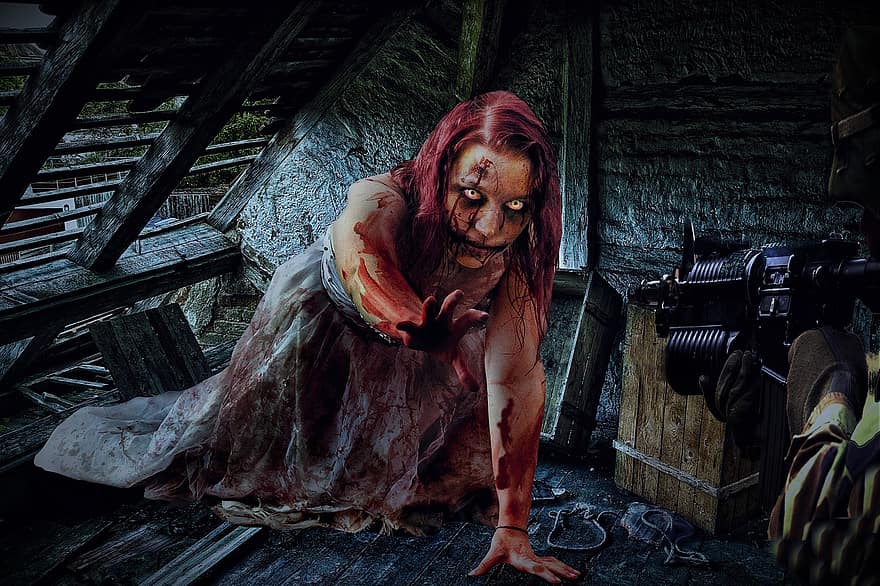 Zombie, Woman, Soldier, Attic, Horror, Undead, Female, Kill, Bloody, Blood, Undeath