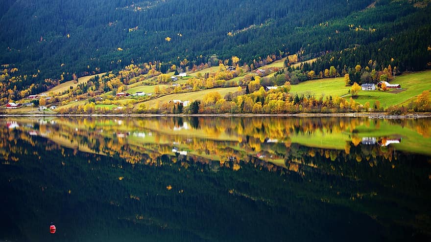 Natura, jesień, podróżować, turystyka, na dworze, spadek, pora roku, jezioro, wiejski, fiord