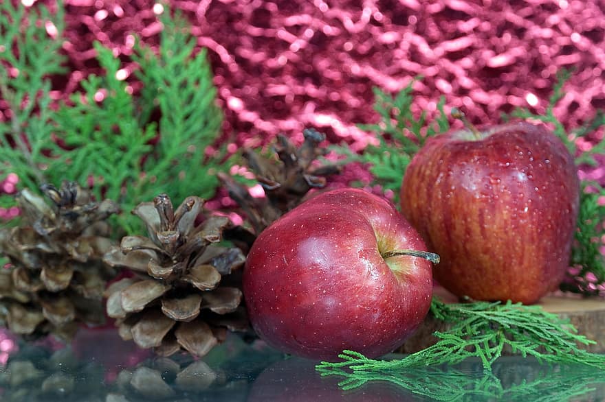 яблуко, фрукти, соснова шишка, свіжість, лист, впритул, їжа, зелений колір, осінь, органічні, здорове харчування
