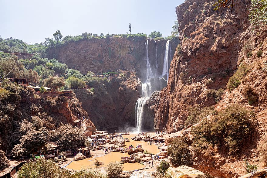 Marrocos, ouzoud cai, cascata, montanha, panorama, viagem