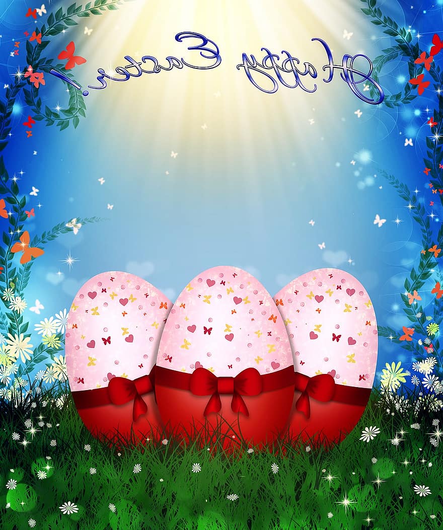 Easter, Background, Postcard, Eggs, Drawing, Nature, Flowers, Butterflies, Congratulation, Joy, Religion