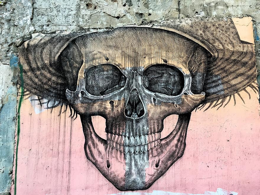 schedel, muurschildering, straatkunst, muur