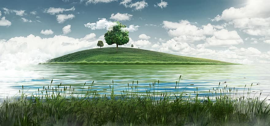 трава, пруд, остров, облака, воды, природа, картина, фантастика