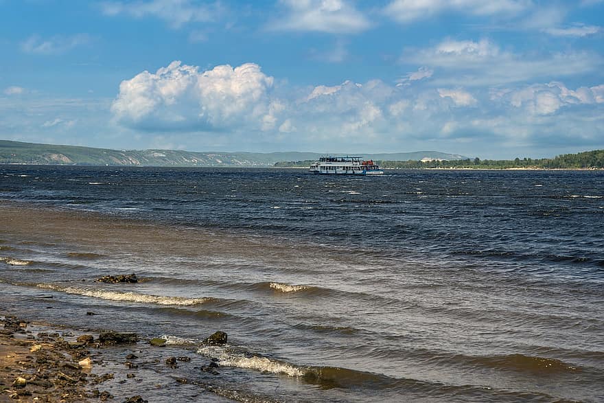 elv, bølge, skip, Volga, båt, transportere, vann, sommer, himmel, blå, landskap