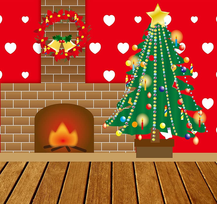Phòng khách Giáng sinh, cây giáng sinh, lò sưởi, những món quà, sự ra đời, cây thông, mùa đông, ánh nến, đèn, đỏ, vòng hoa