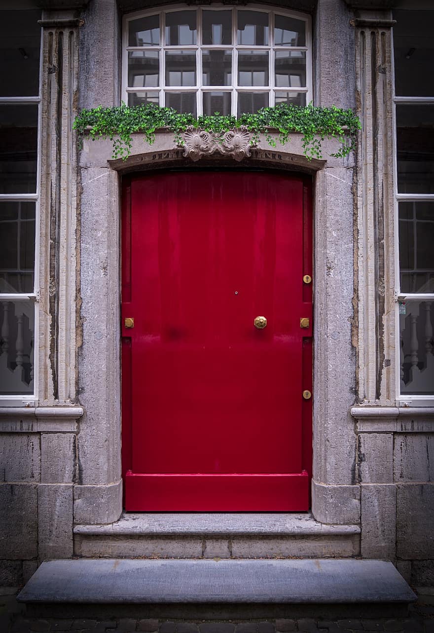 deur-, rode deur, deuropening, huis, architectuur
