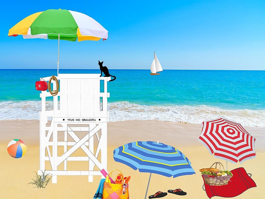 strand, ocean, hav, livredder, værge, parasoller, badehåndklæde, bold, picnic, strand taske, kit