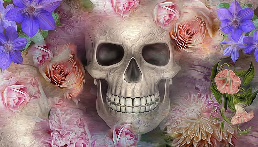 mirusiųjų diena, cukraus kaukolė, gėlės, kaukolė, fonas, dizainas, gėlių fonas, gėlė, mirtis, Helovinas, žmogaus kaukolė