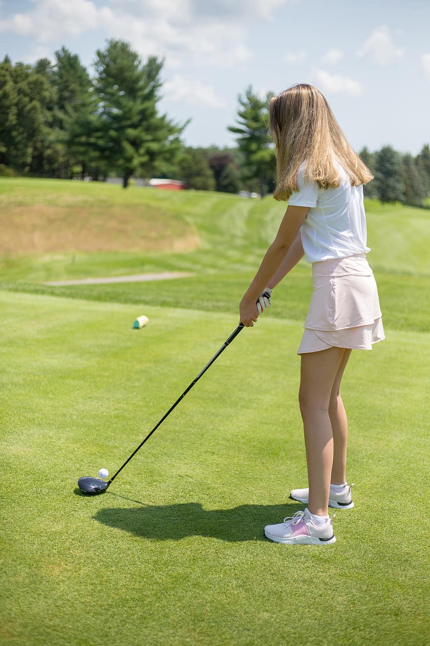 महिला, गोल्फर, गोल्फ, व्यक्ति, खेल, घर के बाहर, क्लब, खेल रहे हैं, फुर्सत, गर्मी, कोर्स