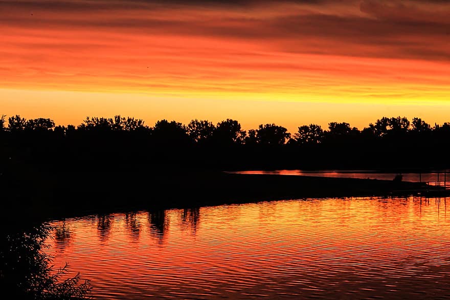 puesta de sol, lago, silueta, agua, naturaleza, reflexión, paisaje, noche, oscuridad, cielo naranja, escénico