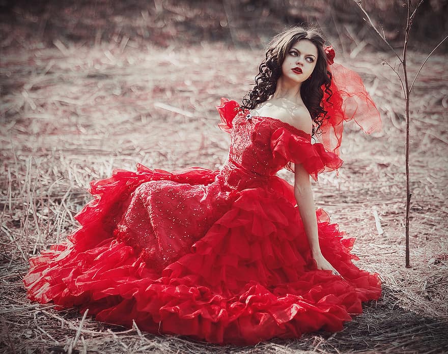 mujer, Moda, vestido, vestido rojo, elegante, belleza, hermoso, niña, hembra, joven, actitud