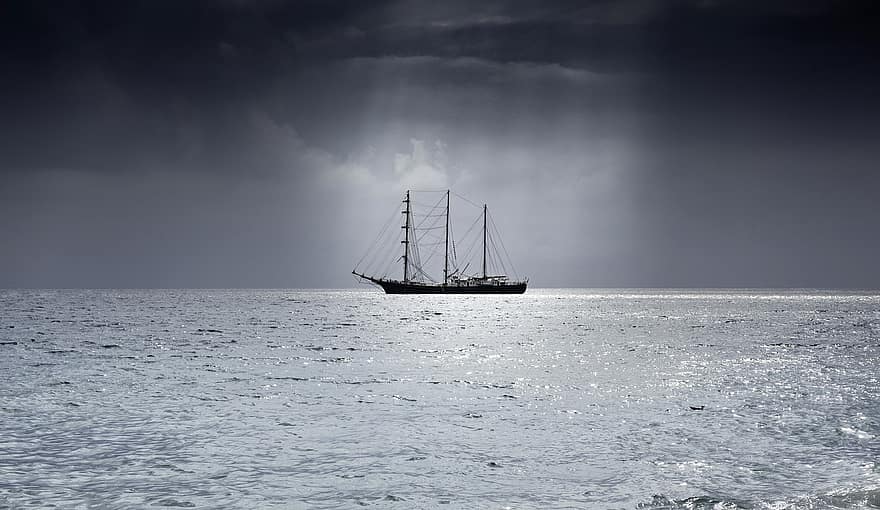 navio, vela, mar, oceano, luz solar, nublado, veleiro, náutico, viagem, horizonte, céu