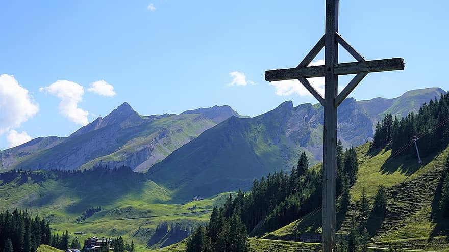 Cross, Mountains, Alps, Grasslands, Nature