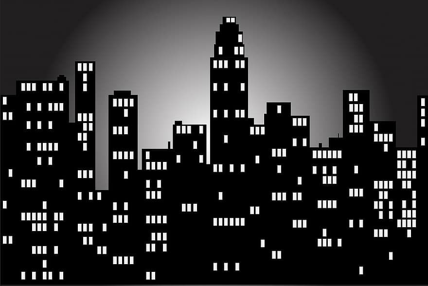 Stadt, Horizont, Skyline der Stadt, Nacht-, schwarz, Silhouette, Kunst, Fenster, Licht, Beleuchtung, zündete