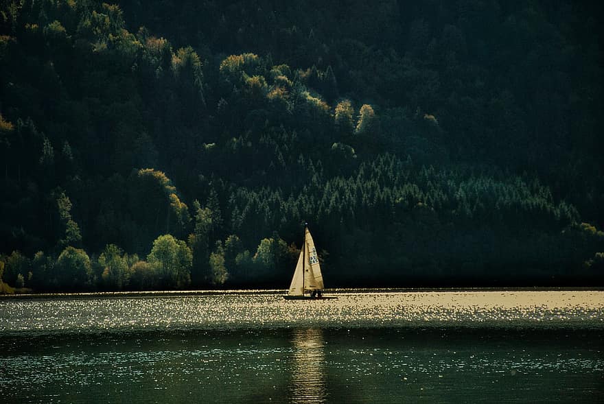 платноходка, лодка, езеро, вода, крайбрежие, дървета, гора, почивки, Бавария, свободно време
