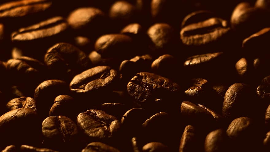 kaffebønner, koffein, kaffe, aromatisk, frø, drikke, tæt på, bønne, baggrunde, mørk, makro