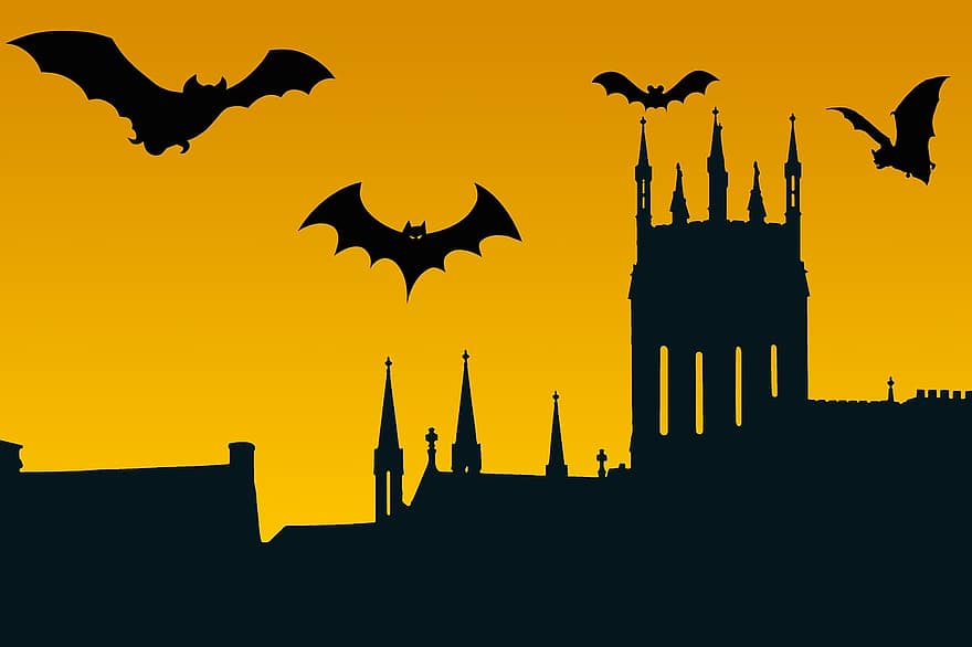 Halloween, Fledermäuse, Abend, Zauber, Sonnenuntergang, Schloss, Turm, fliegend, Microchiroptera, Okkultismus, Geheimnis