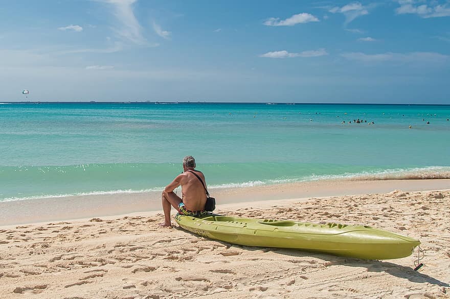 Пляжний, човен, людина, море, туристична, відпустка, свято, пісок, узбережжі, Кариби, берег