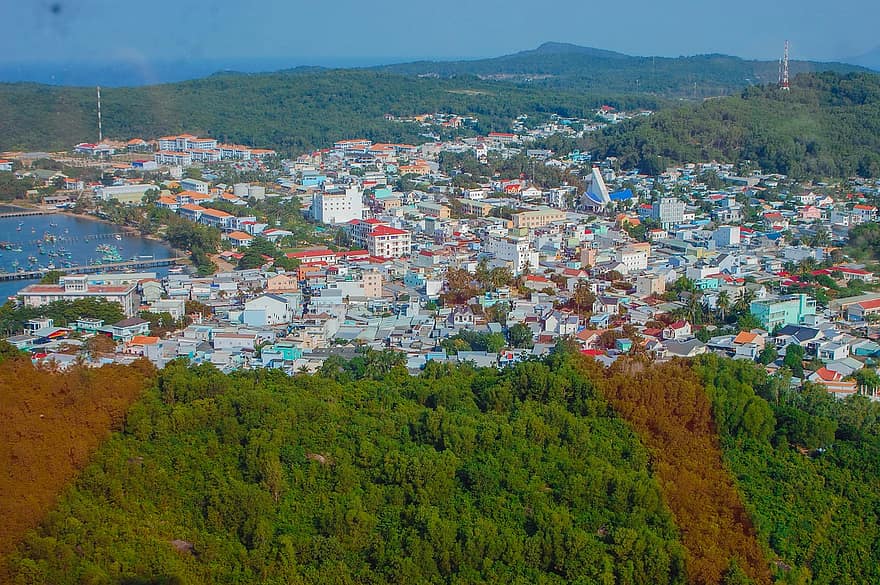 Town, Nature, Phu Quoc Island, Vietnam, Landscape, Houses, mountain, aerial view, travel, forest, cityscape