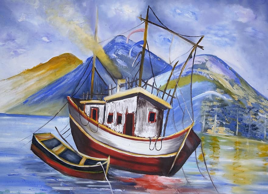 barco, ilustração, céu azul, panorama, fantasia, céu, mar