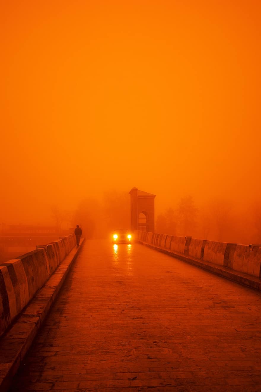 homem, ponte, estrada, arquitetura, neblina, crepúsculo, noite, por do sol, tráfego, lugar famoso, névoa