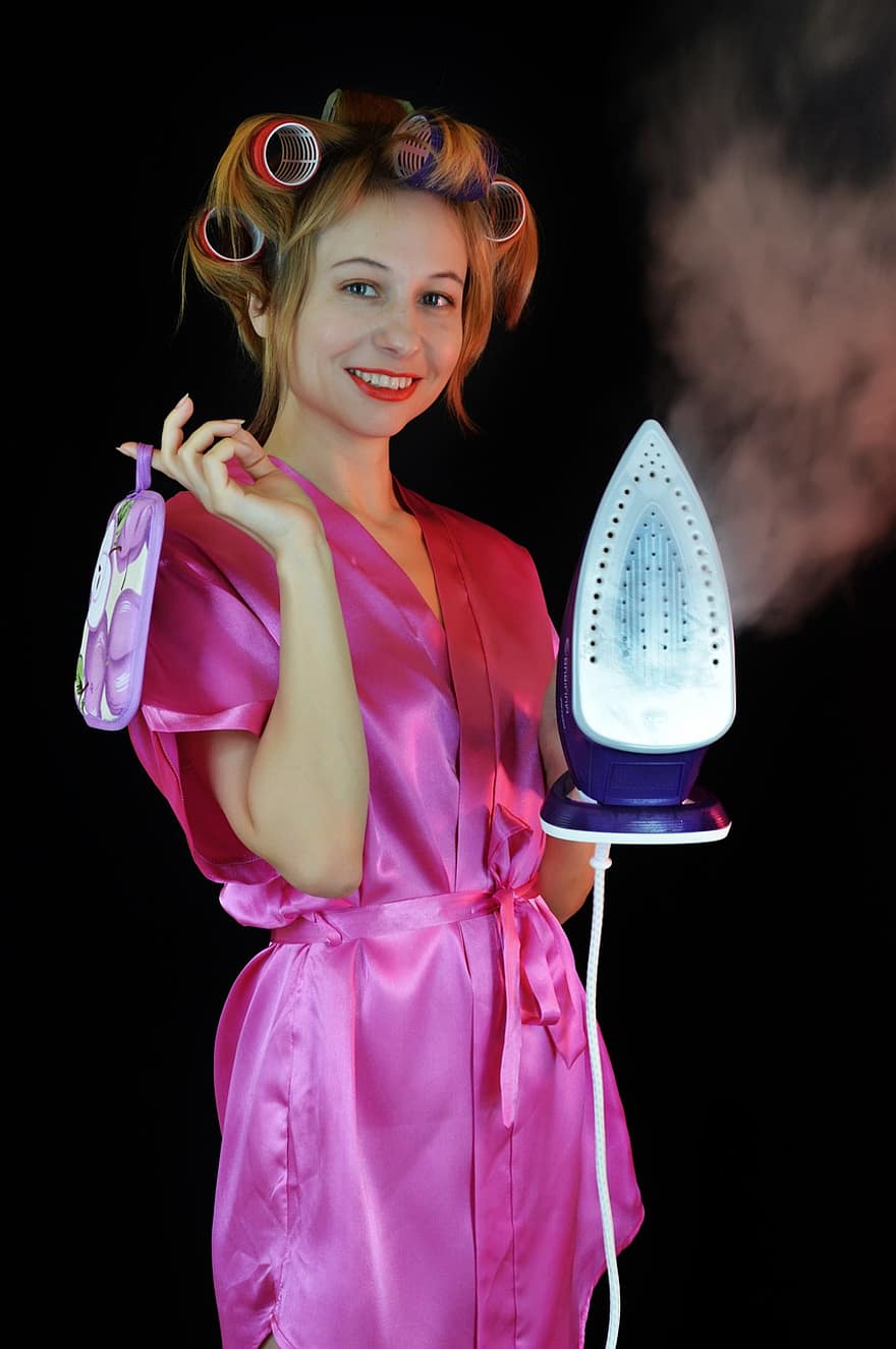 Woman, Iron, Housewife, Wife, Mistress, Robe, Curler, Ironing, Cleaning, Distrust, Nagging