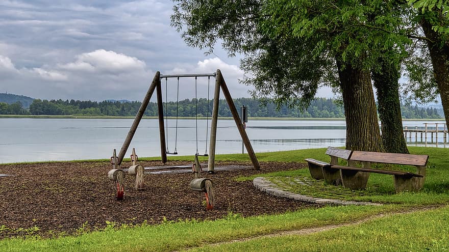 Playground, Swing, Benches, Plant, Green, Nature, Lake, Chiemsee, Relaxation, Recovery, Children