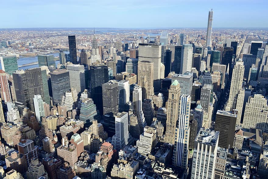 nyc, manhattan, skyskrapor, stad, arkitektur, new york city, amerika, stadsbild, skyskrapa, flygperspektiv, urban skyline