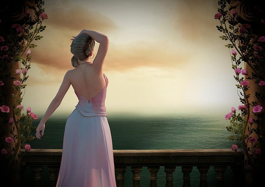 žena, balkón, západ slunce, dívka, sledování, čekání, moře, oceán, nebe, mraky, květiny