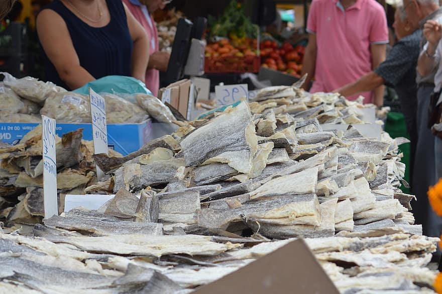 mercato, baccalà, pesce, pesce essiccato, frutti di mare, cibo, mercato del pesce, stalla, estate