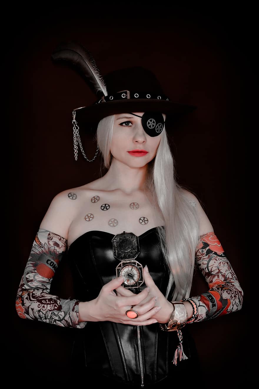 femme, tatouage, pirate, chapeau, cache-oeil, stylo, steampunk, équipement, cosplay, costume, corset