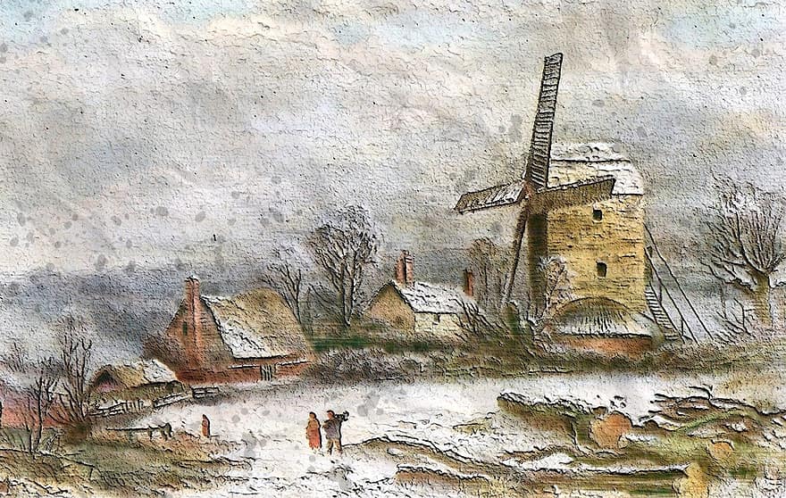 Antigo moinho de vento de inverno, velho, vintage, clássico, exterior, inverno, neve, temporada, moinho de vento, casas, estrutura