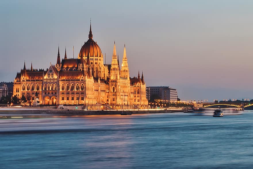 construirea parlamentului ungar, Budapesta, râu, lumini, arhitectură, fundal, clădire, capital, oraș, peisaj urban, cultură