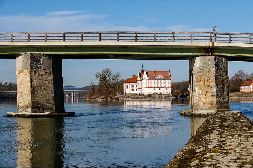 bro, flod, kloster, värdshus, bavaria, arkitektur, känt ställe, vatten, gammal, historia, byggd struktur